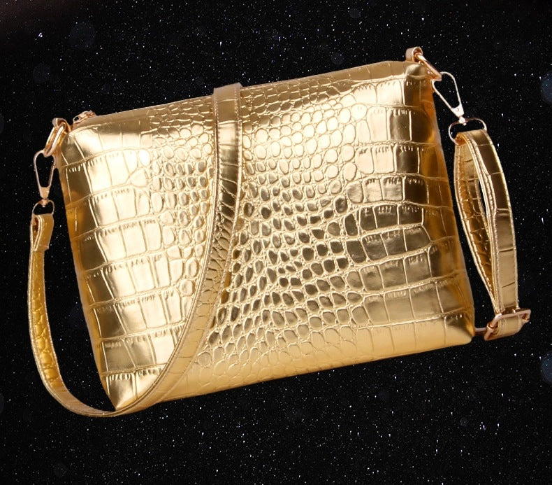 "3 trendy gold crocodile leather handbags with large capacity for women."