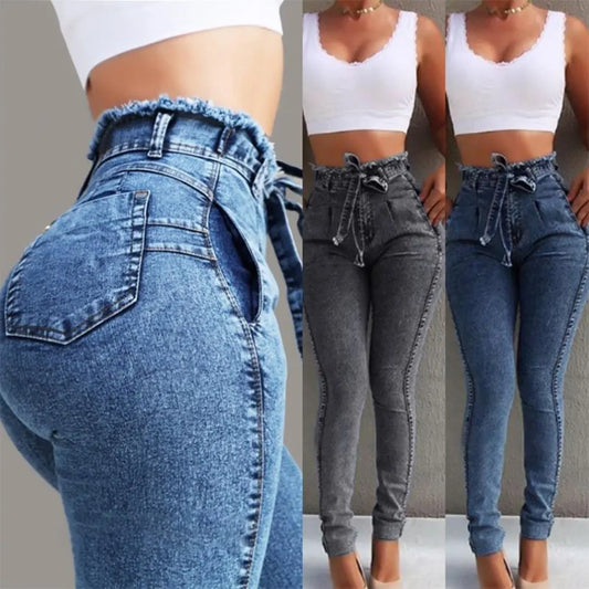 2024 New Fashion  Fashion Belted High Waist Skinny Jeans Women Stretch Denim Tassel belt Bandage Skinny Push Up Jeans Waist