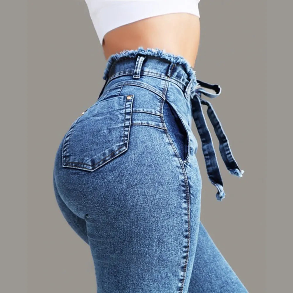 2024 New Fashion  Fashion Belted High Waist Skinny Jeans Women Stretch Denim Tassel belt Bandage Skinny Push Up Jeans Waist