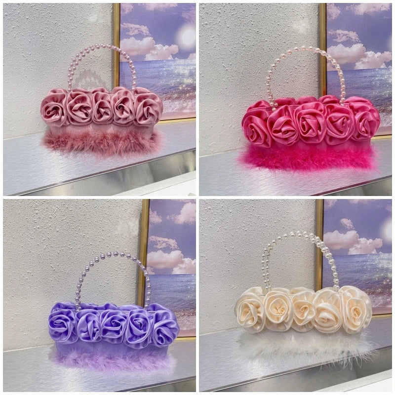 2024 Fashion Luxury Design Pearl Rose Flower Women's Handbag Evening Bag Wedding Party Prom Handheld Shoulder Underarm Wallet