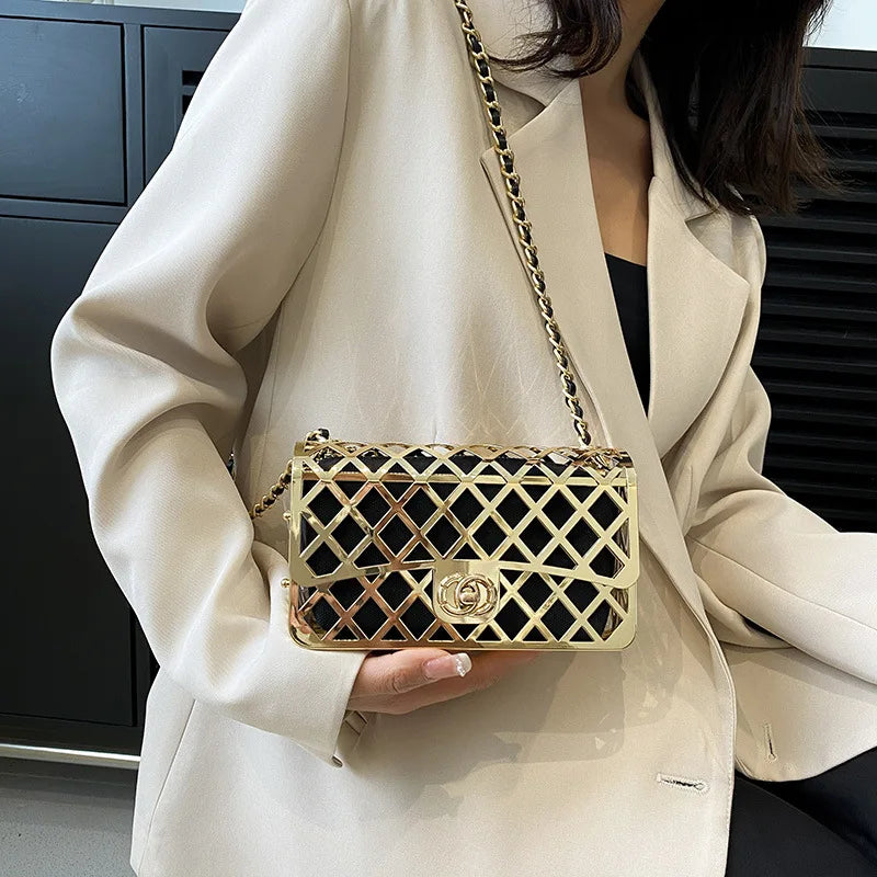 2024 Fashion Hollow Chain Crossbody Shoulder Bag Trend Females Metal Bag Luxury Designer Handbags Mini Shopper Square Bag