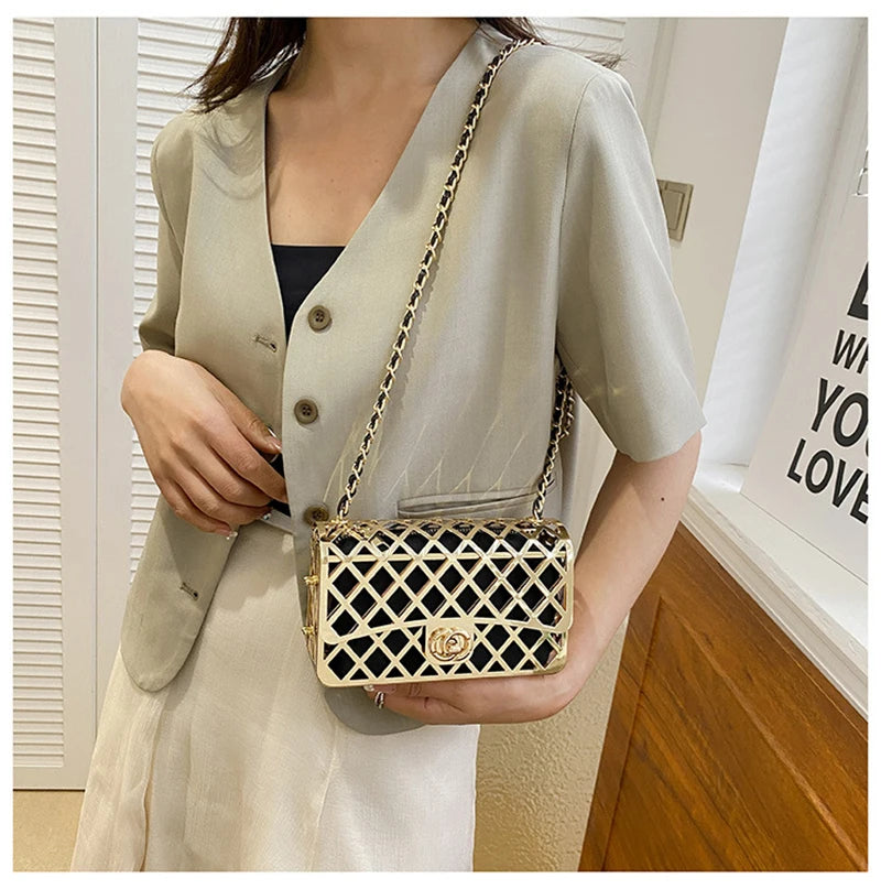 2024 Fashion Hollow Chain Crossbody Shoulder Bag Trend Females Metal Bag Luxury Designer Handbags Mini Shopper Square Bag