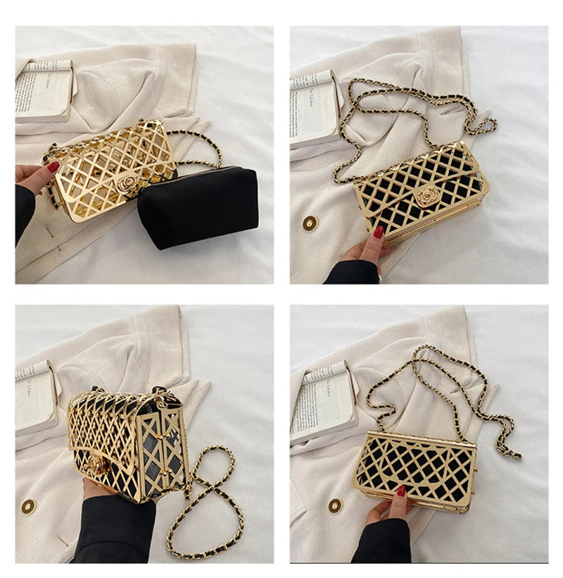 2024 Fashion Hollow Chain Crossbody Shoulder Bag Trend Females Metal Bag Luxury Designer Handbags Mini Shopper Square Bag