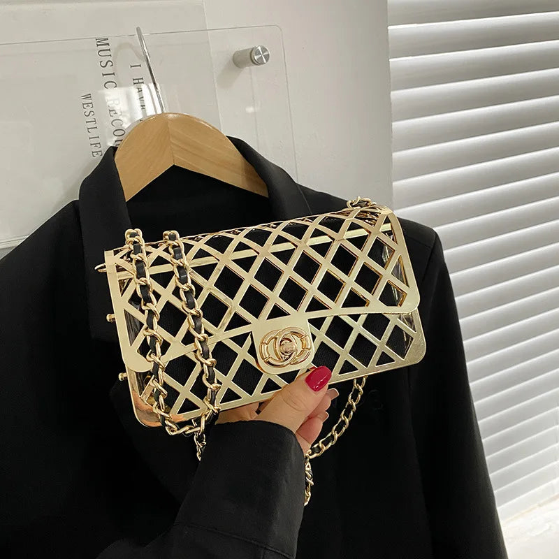 2024 Fashion Hollow Chain Crossbody Shoulder Bag Trend Females Metal Bag Luxury Designer Handbags Mini Shopper Square Bag