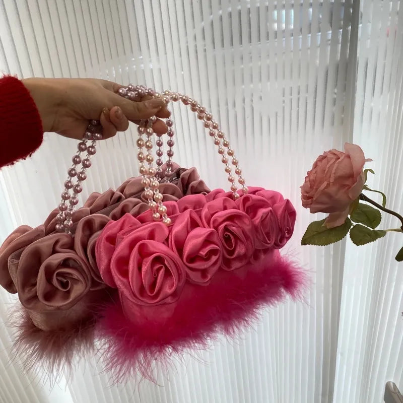 2024 Fashion Luxury Design Pearl Rose Flower Women's Handbag Evening Bag Wedding Party Prom Handheld Shoulder Underarm Wallet