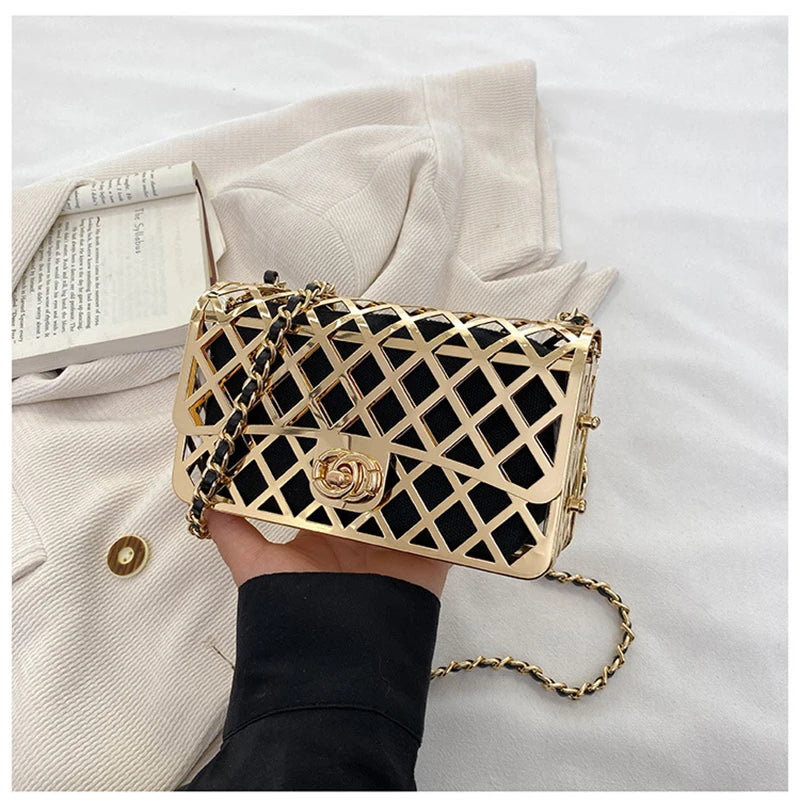 2024 Fashion Hollow Chain Crossbody Shoulder Bag Trend Females Metal Bag Luxury Designer Handbags Mini Shopper Square Bag