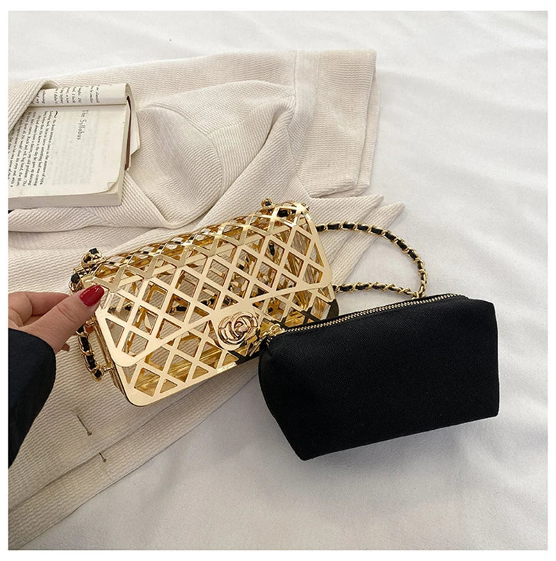 2024 Fashion Hollow Chain Crossbody Shoulder Bag Trend Females Metal Bag Luxury Designer Handbags Mini Shopper Square Bag