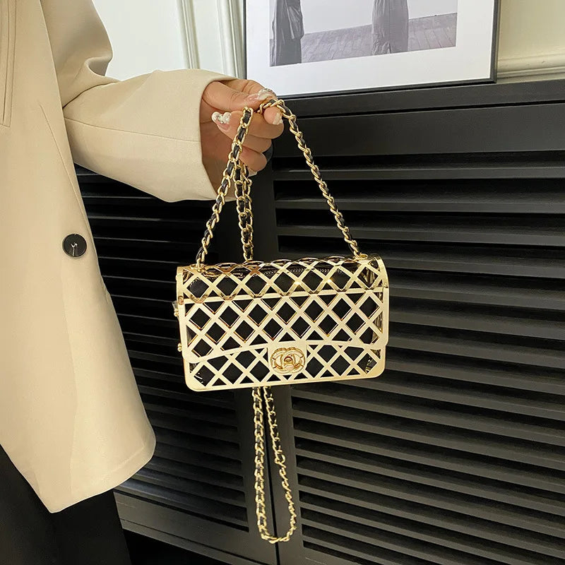 2024 Fashion Hollow Chain Crossbody Shoulder Bag Trend Females Metal Bag Luxury Designer Handbags Mini Shopper Square Bag