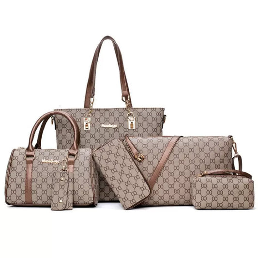 Ladies, elevate your style with this 6-piece set of high-quality leather handbags featuring unique patterns. The set includes a handbag, shoulder bag, and crossbody bag.