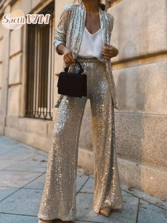 Fashion Sequin Pants 2-Piece Set for Women: Casual Long-Sleeve Cardigan and Wide-Leg Trousers Outfit for Spring and Autumn Party wear