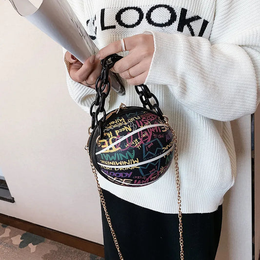 Introducing the new Brand Graffiti Basketball Bag for Women - a fashionable shoulder bag with a chain strap that can be worn as a cross body bag. This designer satchel is the perfect accessory to complement any outfit.